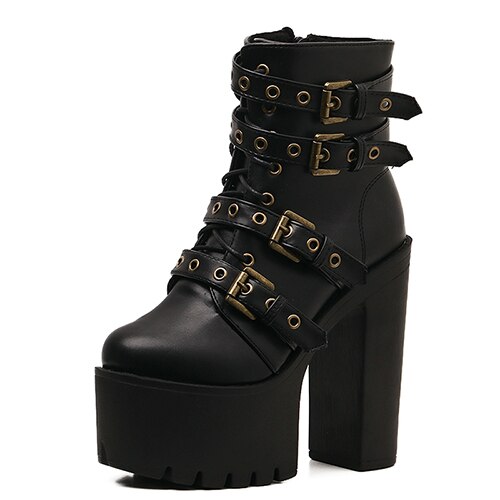 Chaussure gothique noire vintage en cuir avec plateforme épaisse et multiples sangles à boucles métalliques