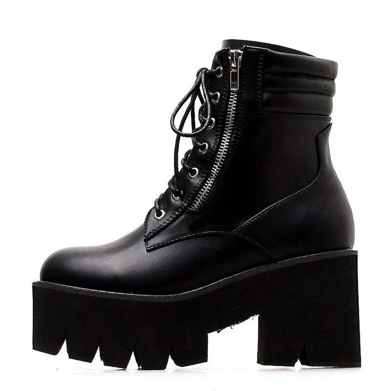 Chaussure gothique noire ZipperCrypt en cuir avec fermeture éclair latérale et semelle plateforme crantée épaisse