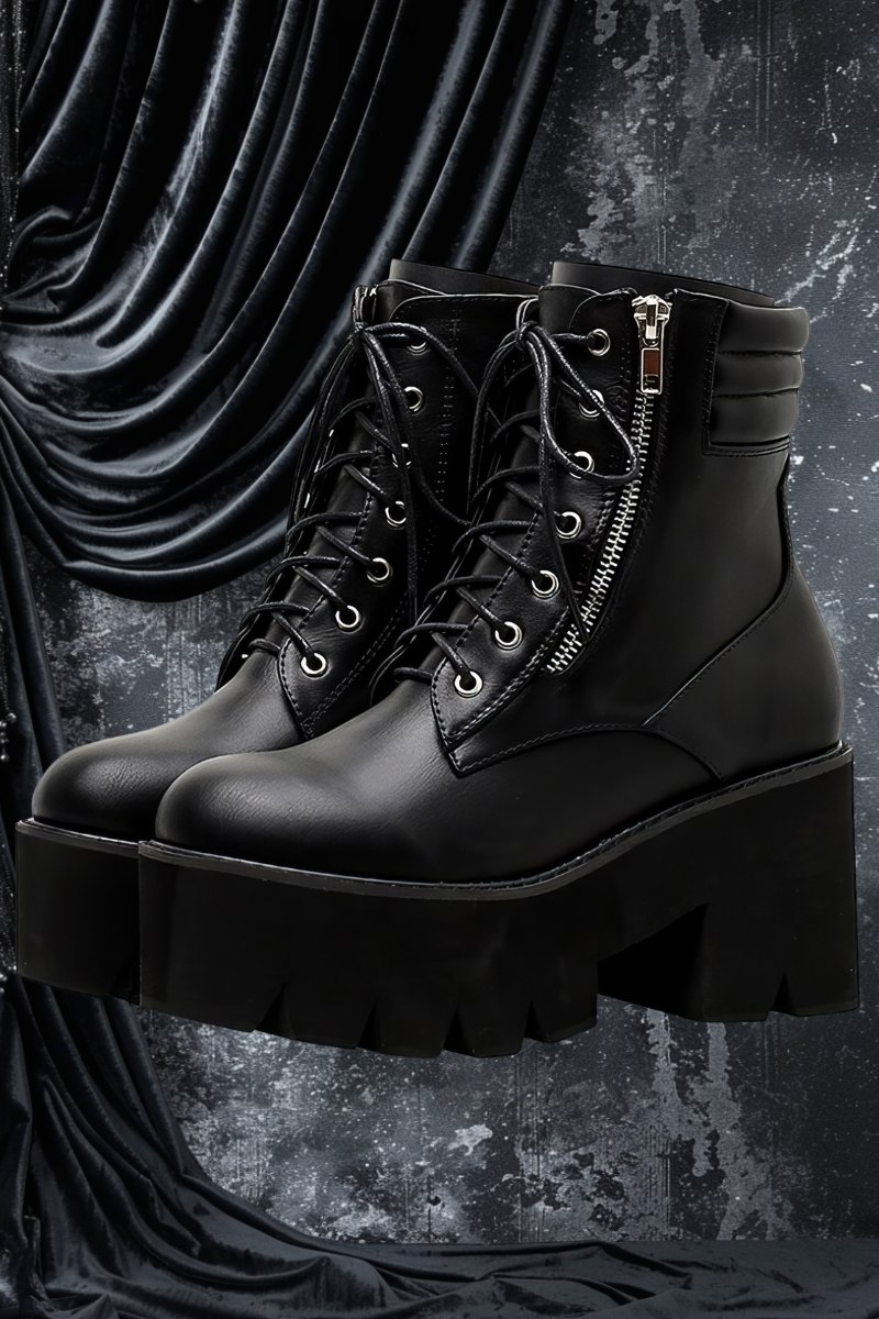 Chaussures gothiques noires en cuir avec fermeture éclair latérale et semelle plateforme épaisse, modèle ZipperCrypt