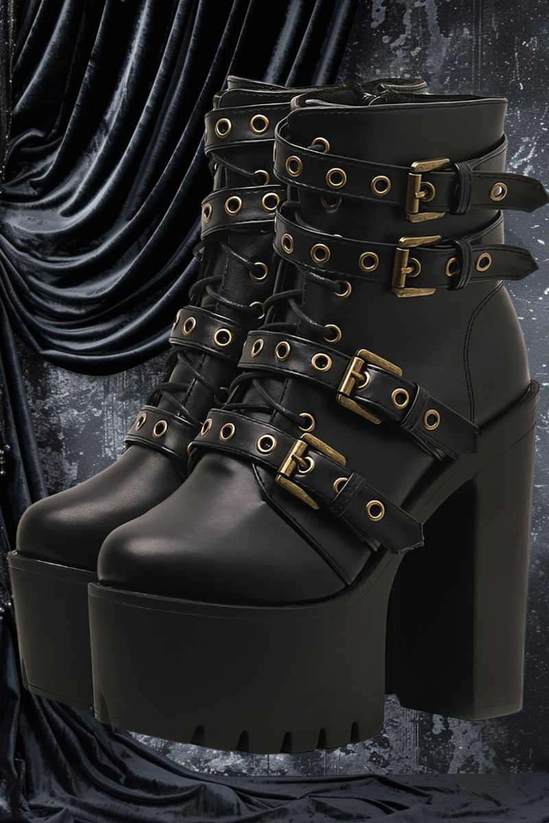 Chaussures gothiques noires vintage BlackVintage en cuir avec plateforme épaisse, talon bloc haut, multiples sangles à boucles métalliques dorées