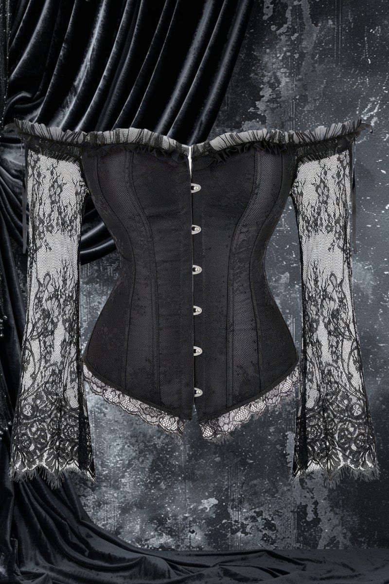 Corset gothique manches longues vintage en velours noir avec manches en dentelle noire transparente et fermeture à agrafes devant modèle Gloombria