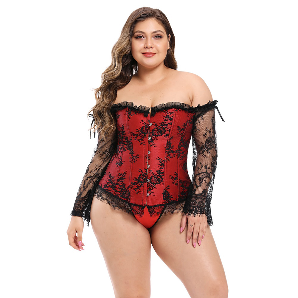 Corset gothique manches longues vintage en velours rouge avec dentelle noire et motif baroque, modèle Gloombria, vue avant