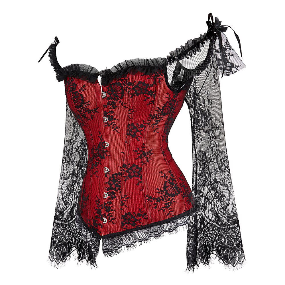 Corset gothique manches longues vintage en velours rouge avec dentelle noire florale, modèle Gloombria