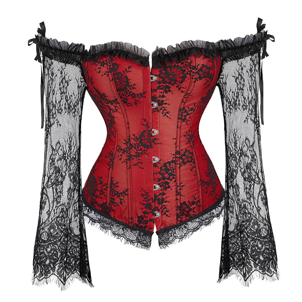 Corset gothique manches longues vintage Gloombria en satin rouge avec dentelle noire florale et manches détachables en dentelle noire transparente