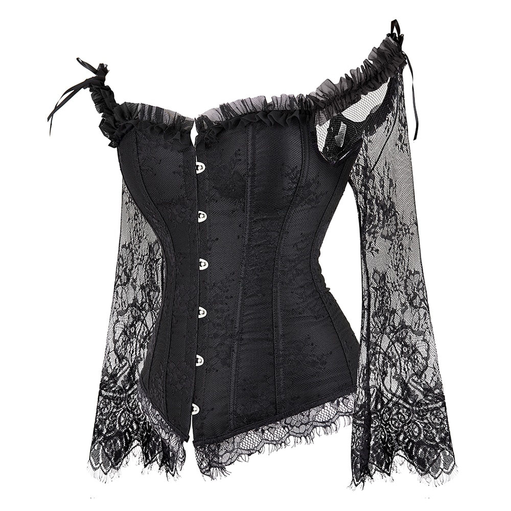 Corset gothique manches longues vintage Gloombria en velours noir avec manches en dentelle noire transparente et boutons argentés devant