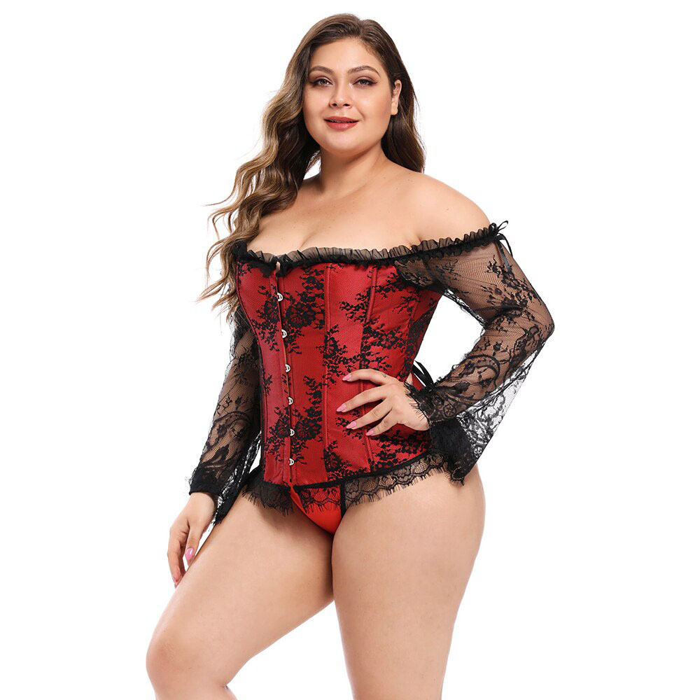 Corset gothique manches longues vintage rouge avec dentelle noire transparente et motif baroque, modèle Gloombria