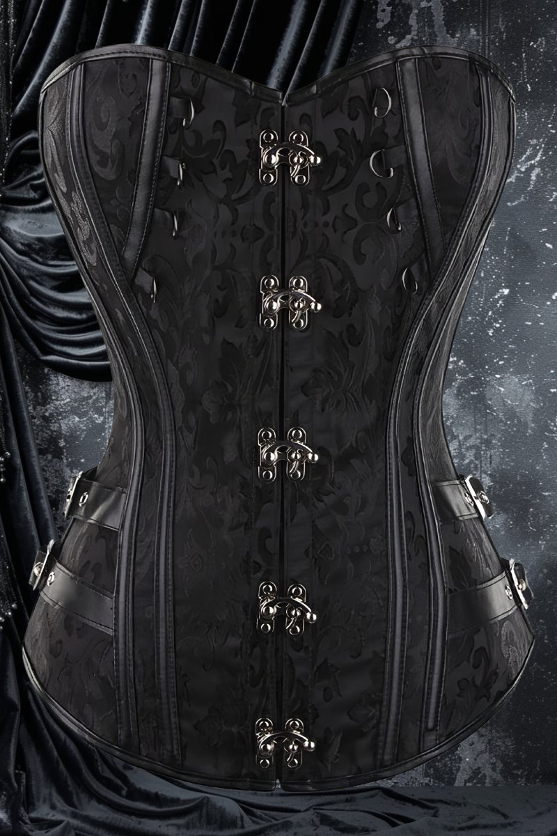 Corset gothique verrouillable noir en velours avec motifs occultes et fermoirs métalliques, modèle Duskalia