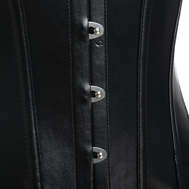 Détail du corset gothique bustier Obscuria en simili cuir noir avec fermetures métalliques argentées