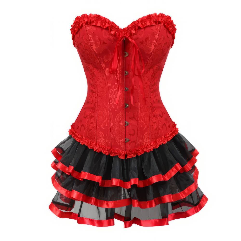 Jupe corset gothique à volants Abyssia rouge avec jupe noire à volants bordés de rouge