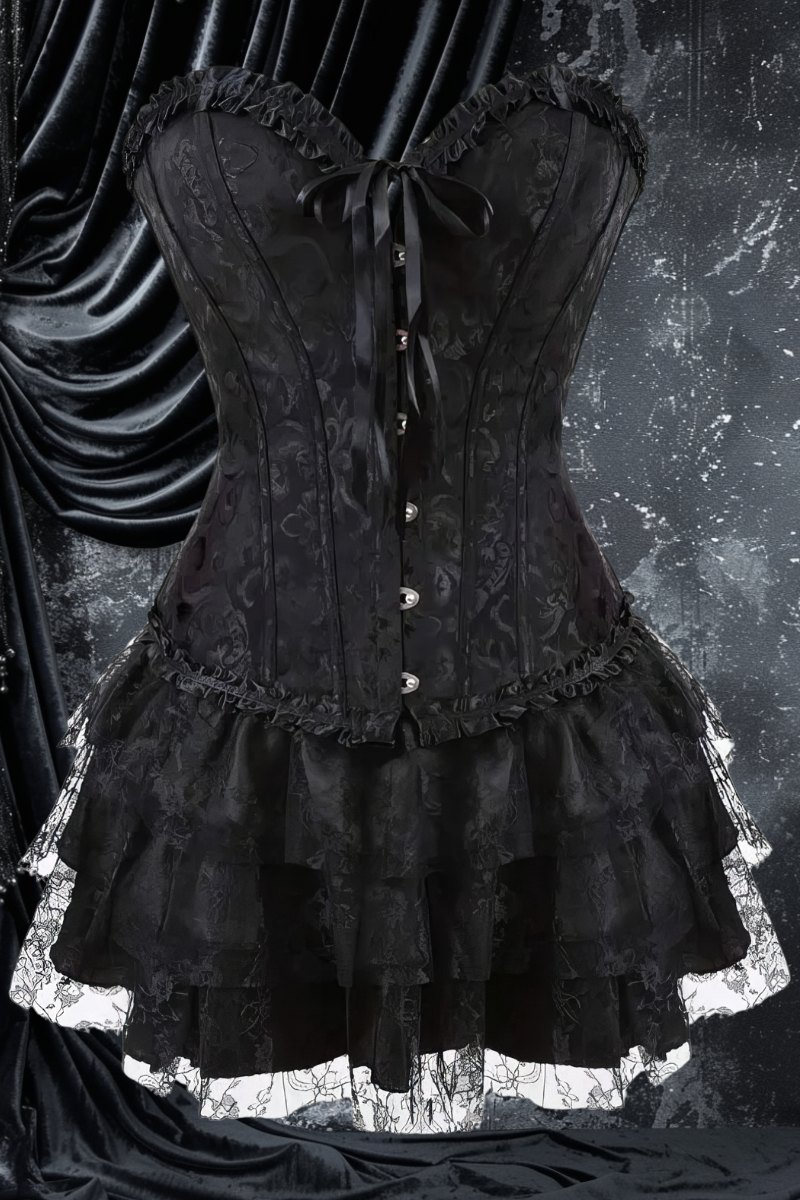 Jupe corset gothique à volants noire en velours avec dentelle blanche, modèle Abyssia, style gothique chic