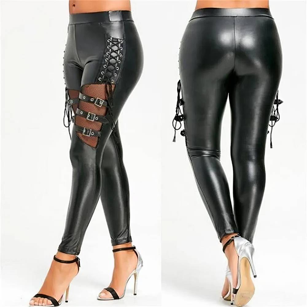 Legging gothique cuir noir modèle Bleakwinteria avec laçage et boucles latérales, vue avant et arrière