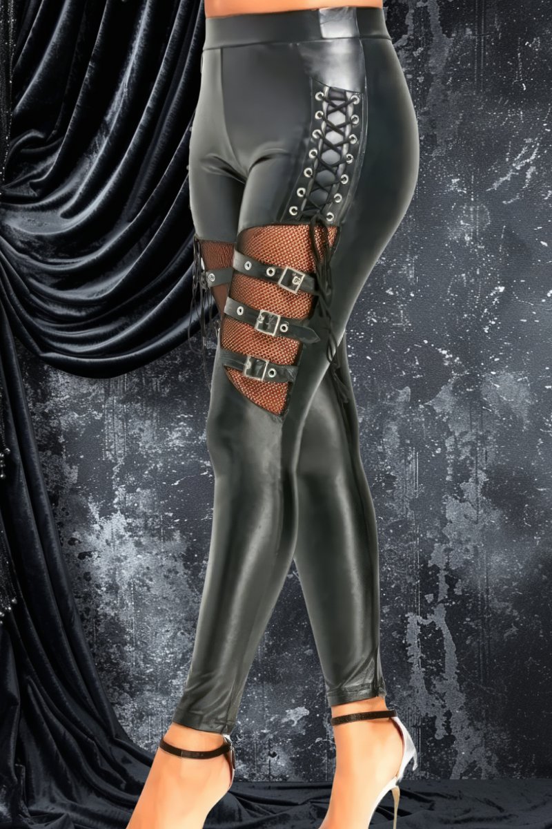 Legging gothique cuir noir Bleakwinteria avec laçage et sangles métalliques sur la cuisse