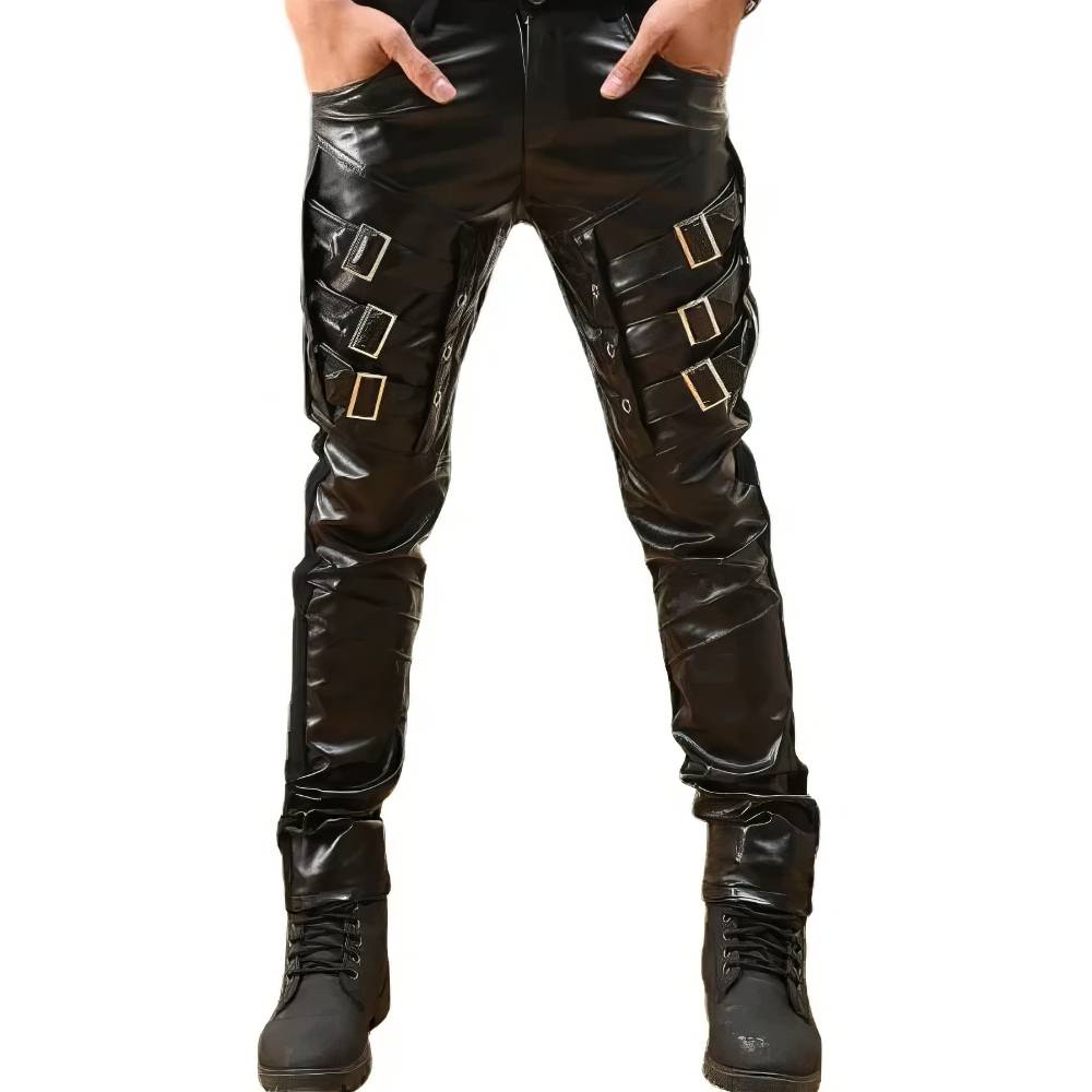 Pantalon cuir gothique homme VortexChain noir avec sangles métalliques sur les côtés