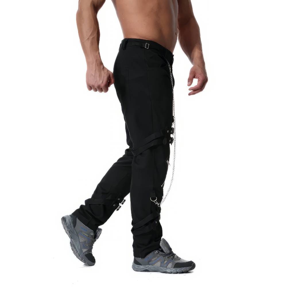 Pantalon gothique cargo homme noir modèle GraveyardShift en tissu avec chaînes et poches latérales, vue de profil