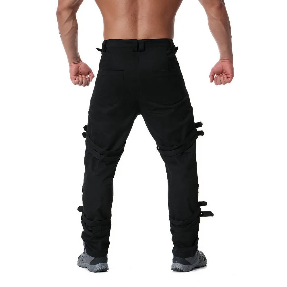 Pantalon gothique cargo homme noir vue arrière avec sangles et poches, modèle GraveyardShift