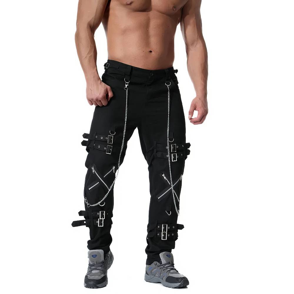 Pantalon gothique cargo homme noir avec sangles, boucles métalliques et chaînes modèle GraveyardShift
