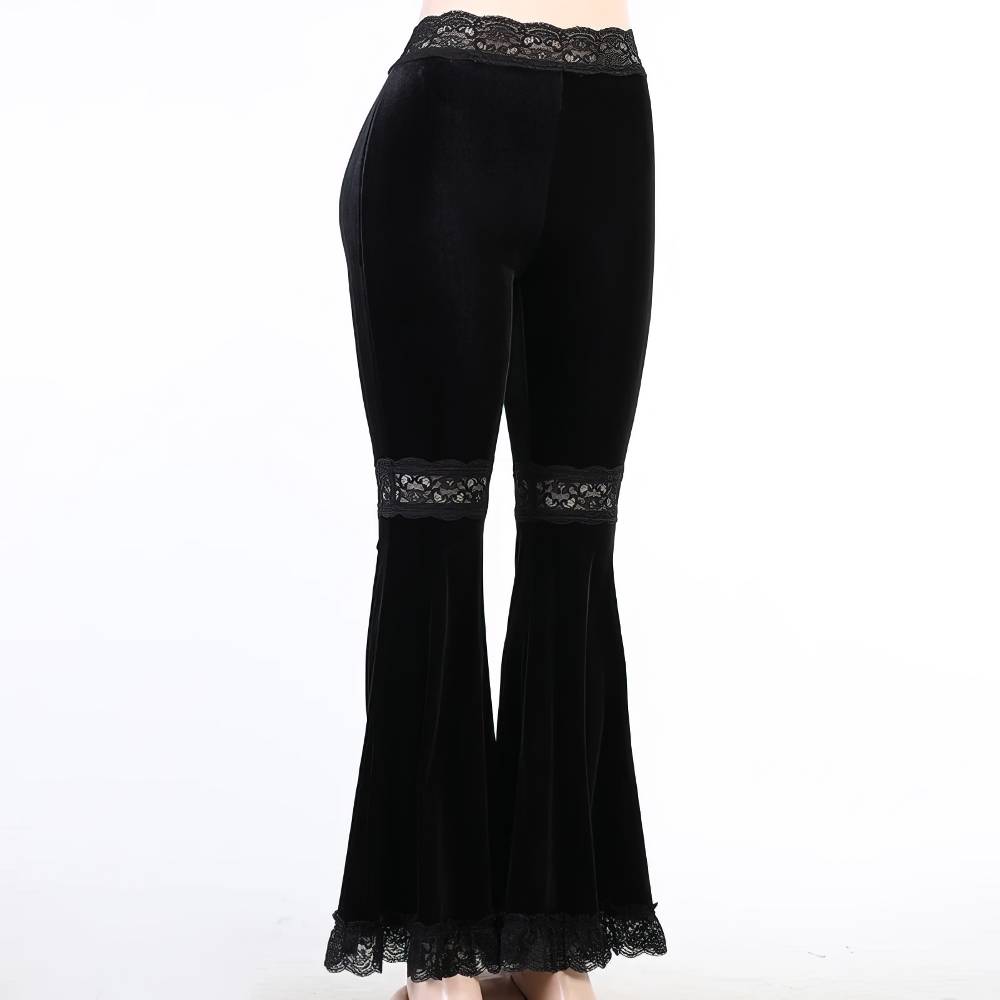 Pantalon gothique femme évasé Cyberscream en velours noir avec dentelle noire aux genoux et à l'ourlet