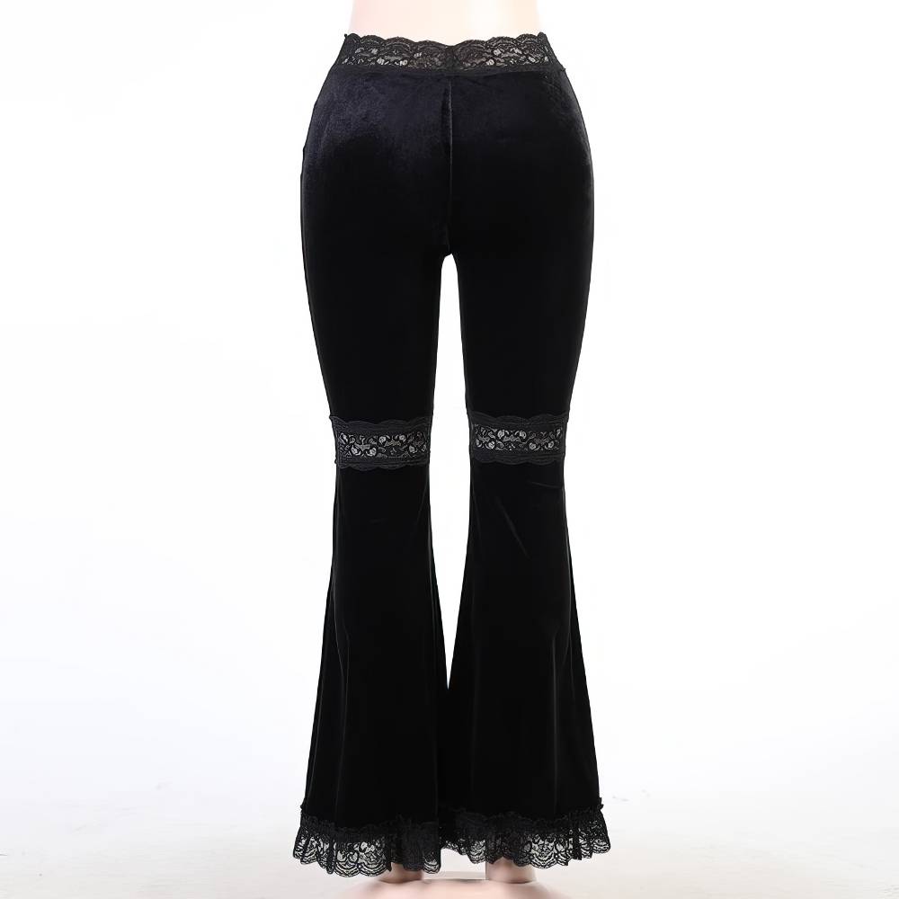 Pantalon gothique femme évasé en velours noir avec dentelle noire à la taille, au-dessus des genoux et aux bas