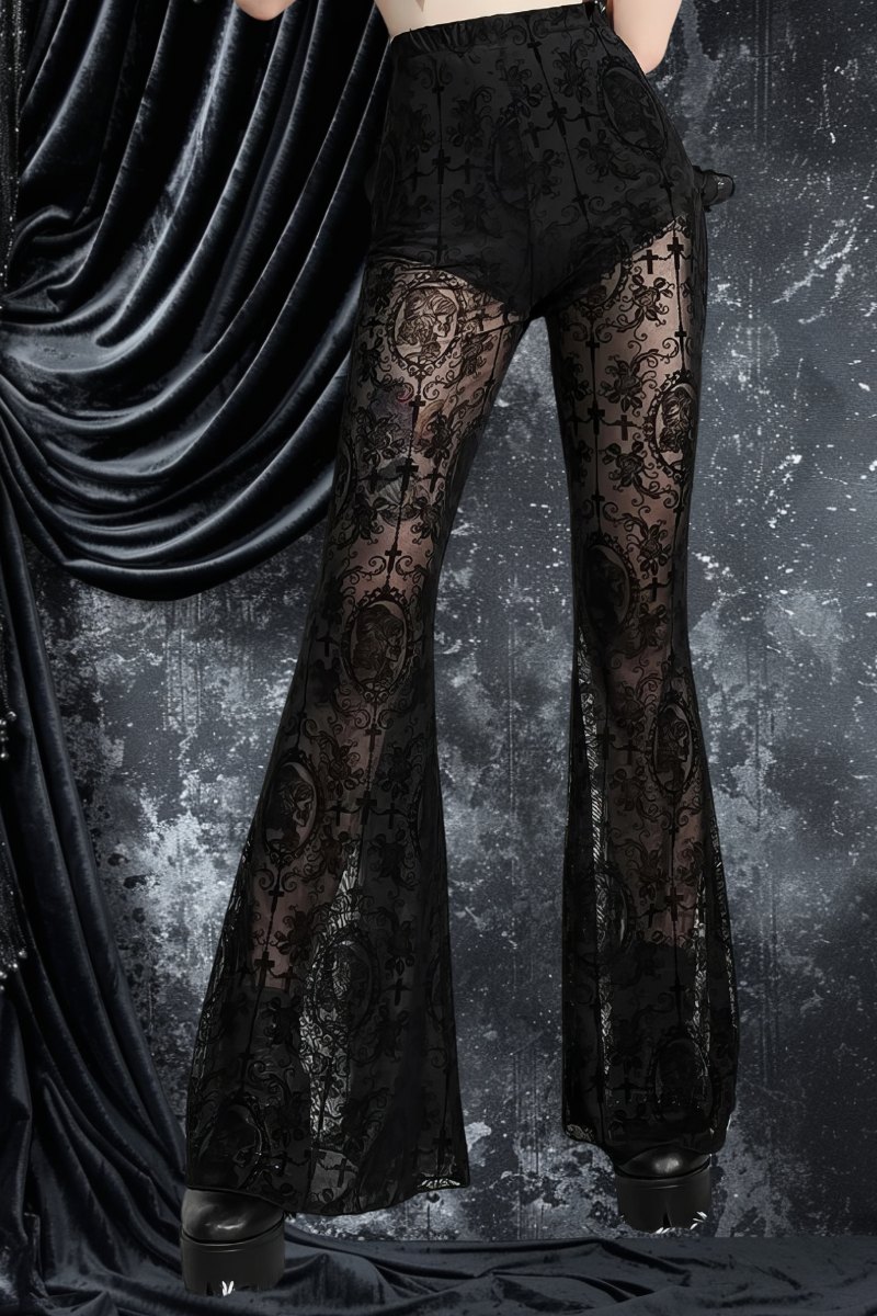 Pantalon gothique lolita en dentelle noire transparente avec motif baroque, coupe évasée, modèle GothicEclipse
