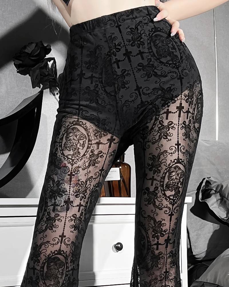 Pantalon Gothique Lolita GothicEclipse noir en velours avec motifs baroques et dentelle noire transparente à motifs occultes