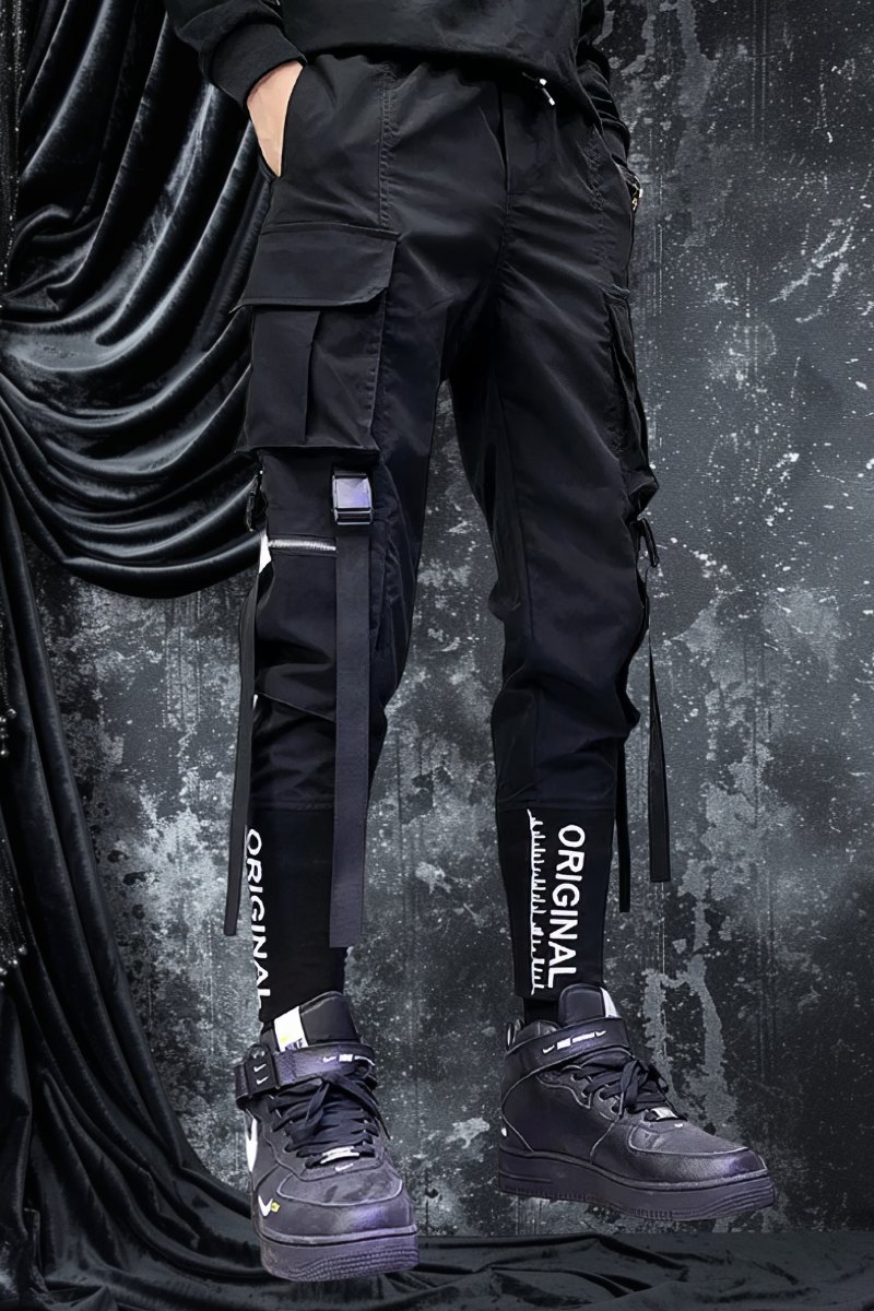 Pantalon gothique noir cargo homme avec poches latérales et bandes blanches imprimées Original, style punk gothique