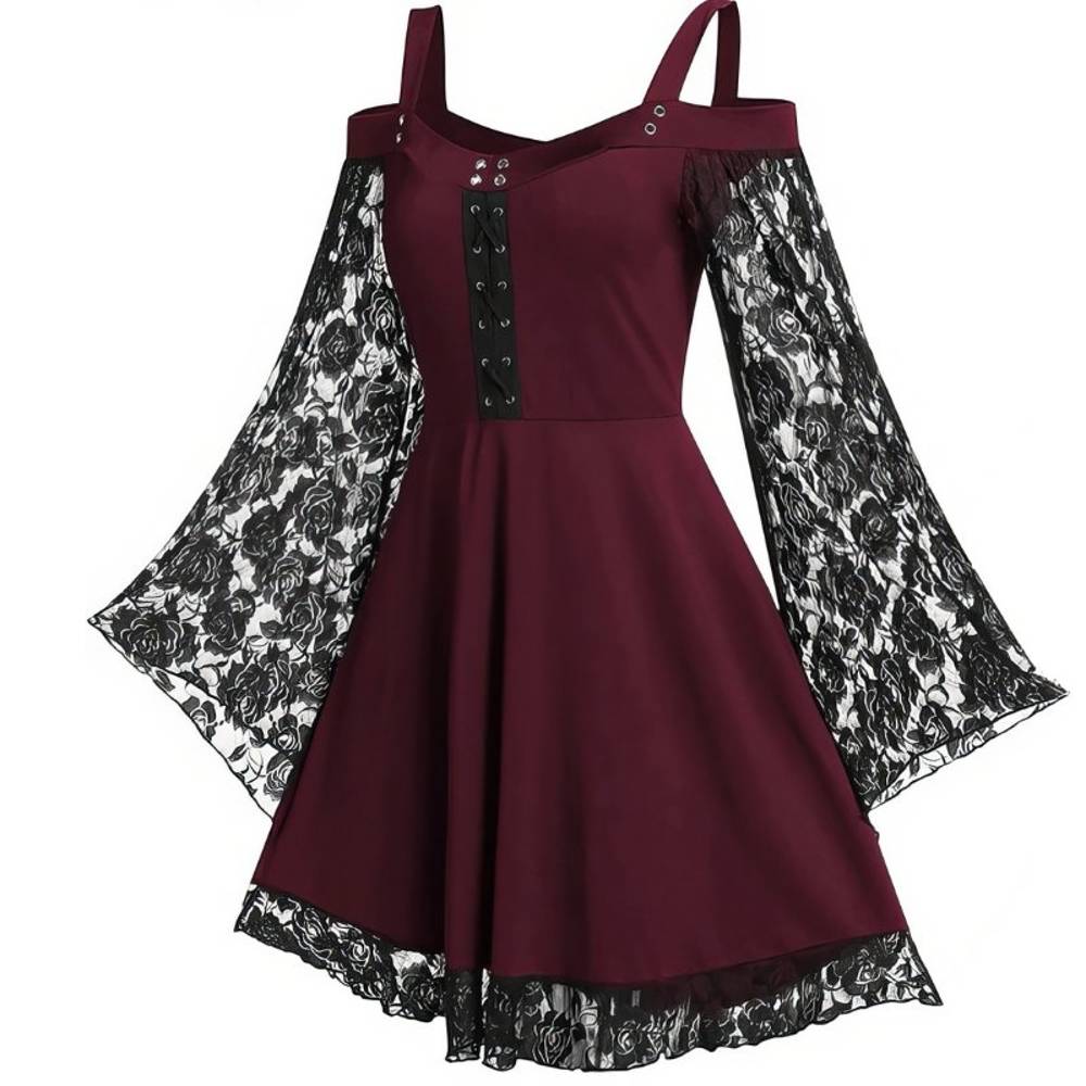 Robe gothique à lacets AbyssWatcher bordeaux avec manches longues en dentelle noire et jupe évasée
