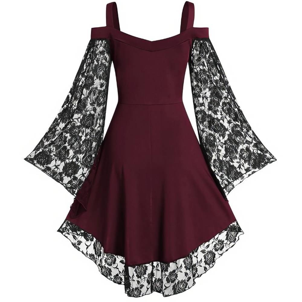 Robe gothique à lacets AbyssWatcher bordeaux avec manches longues en dentelle noire et ourlet asymétrique en dentelle