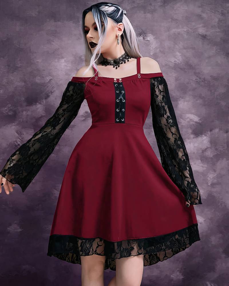 Robe gothique à lacets AbyssWatcher bordeaux avec manches longues en dentelle noire et bordure en dentelle noire