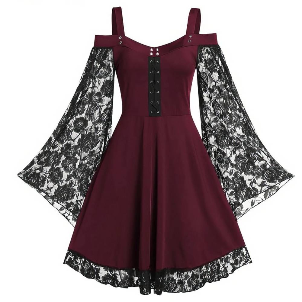 Robe gothique à lacets AbyssWatcher bordeaux avec manches longues en dentelle noire et jupe évasée