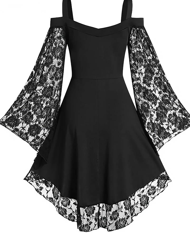 Robe gothique à lacets AbyssWatcher noire avec manches longues en dentelle noire transparente et jupe asymétrique à bord dentelle