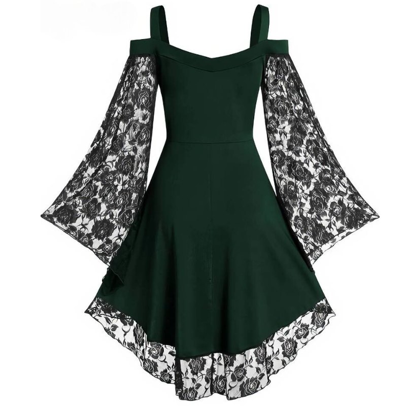 Robe gothique à lacets AbyssWatcher noire avec manches longues en dentelle noire florale et jupe asymétrique