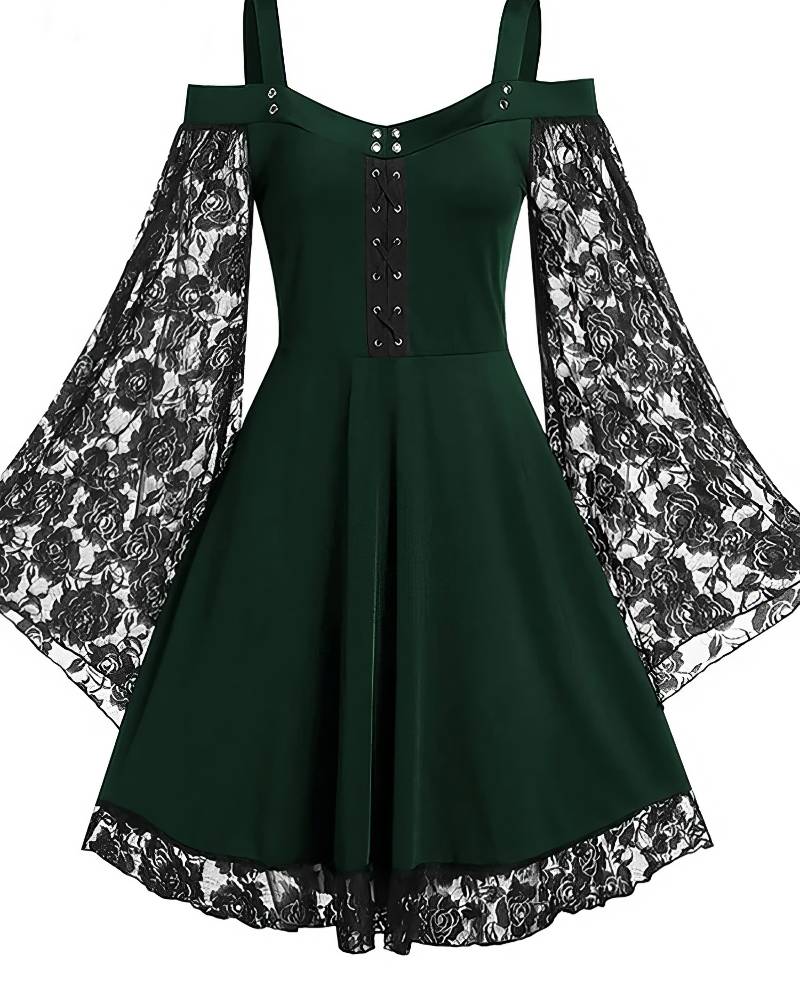 Robe gothique à lacets AbyssWatcher vert foncé avec manches évasées en dentelle noire et ourlet en dentelle