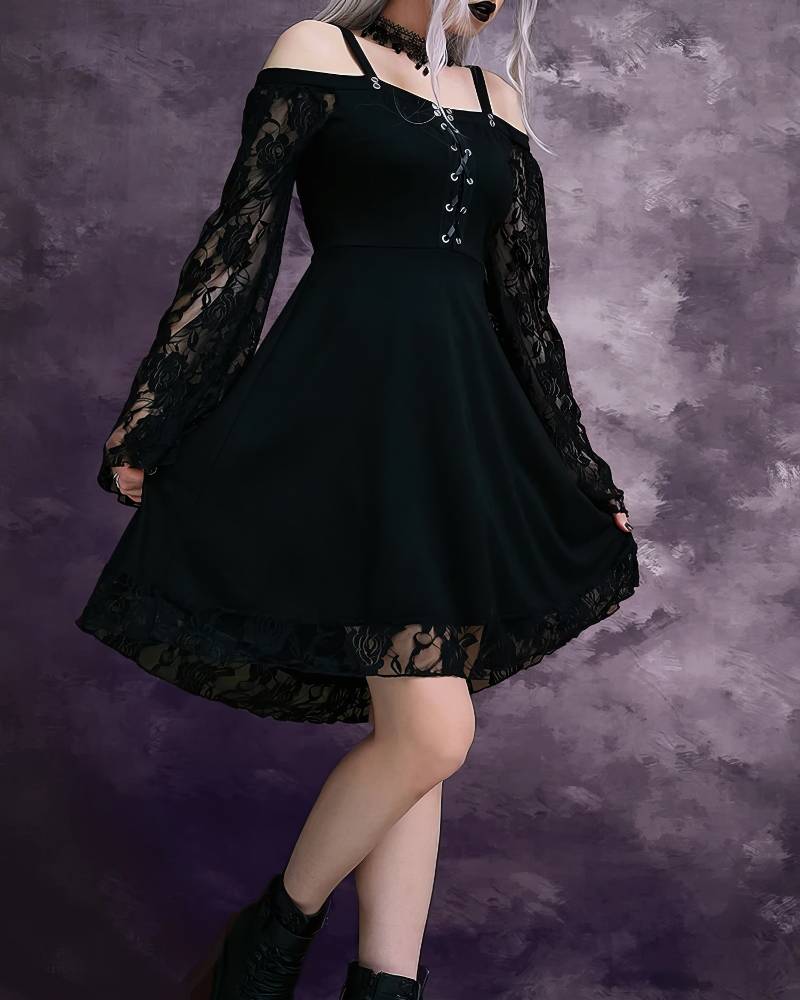Robe gothique à lacets AbyssWatcher noire avec manches longues en dentelle et jupe évasée