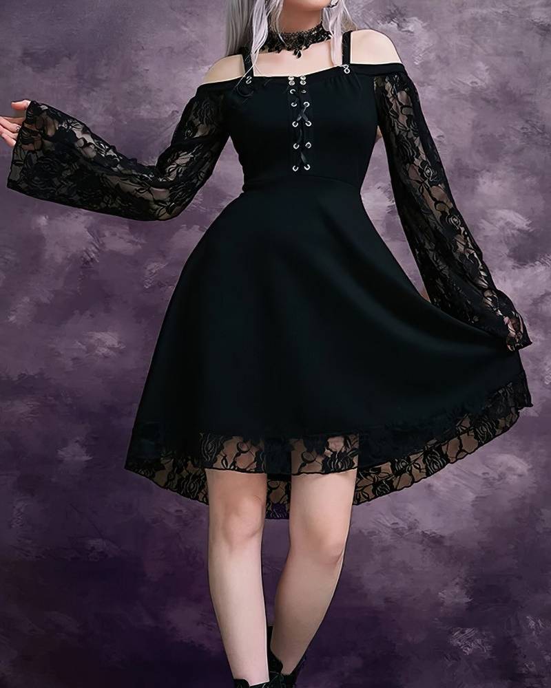 Robe gothique à lacets AbyssWatcher noire avec manches longues en dentelle et jupe évasée, style gothique chic