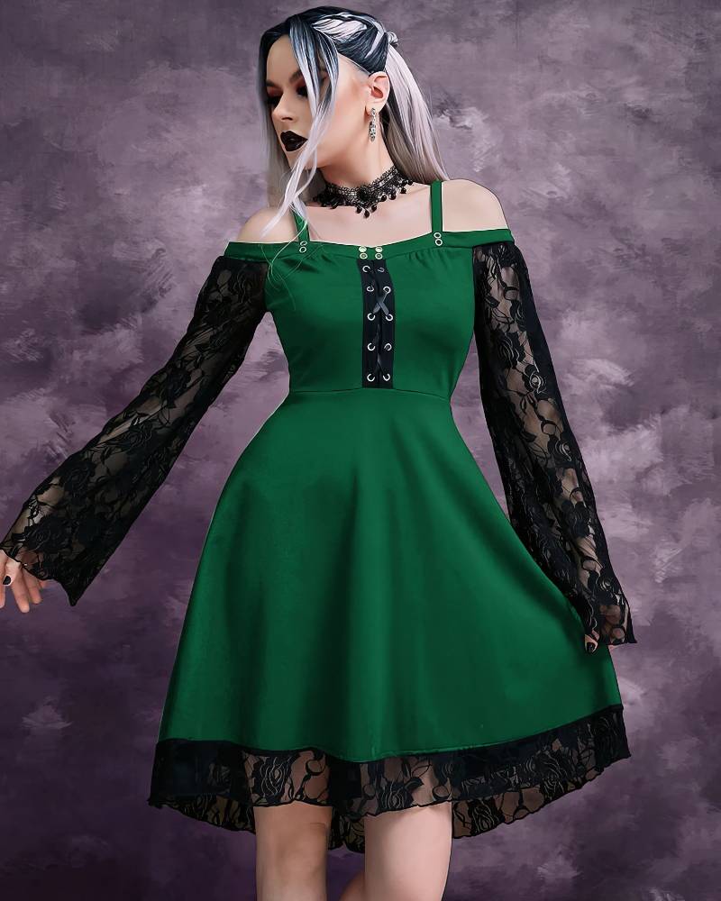 Robe gothique à lacets AbyssWatcher verte avec manches longues en dentelle noire et décolleté bardot
