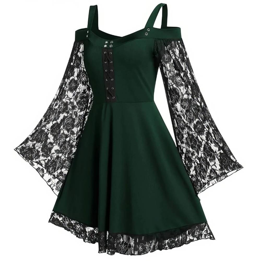 Robe gothique à lacets AbyssWatcher en tissu vert foncé avec manches longues en dentelle noire et jupe évasée