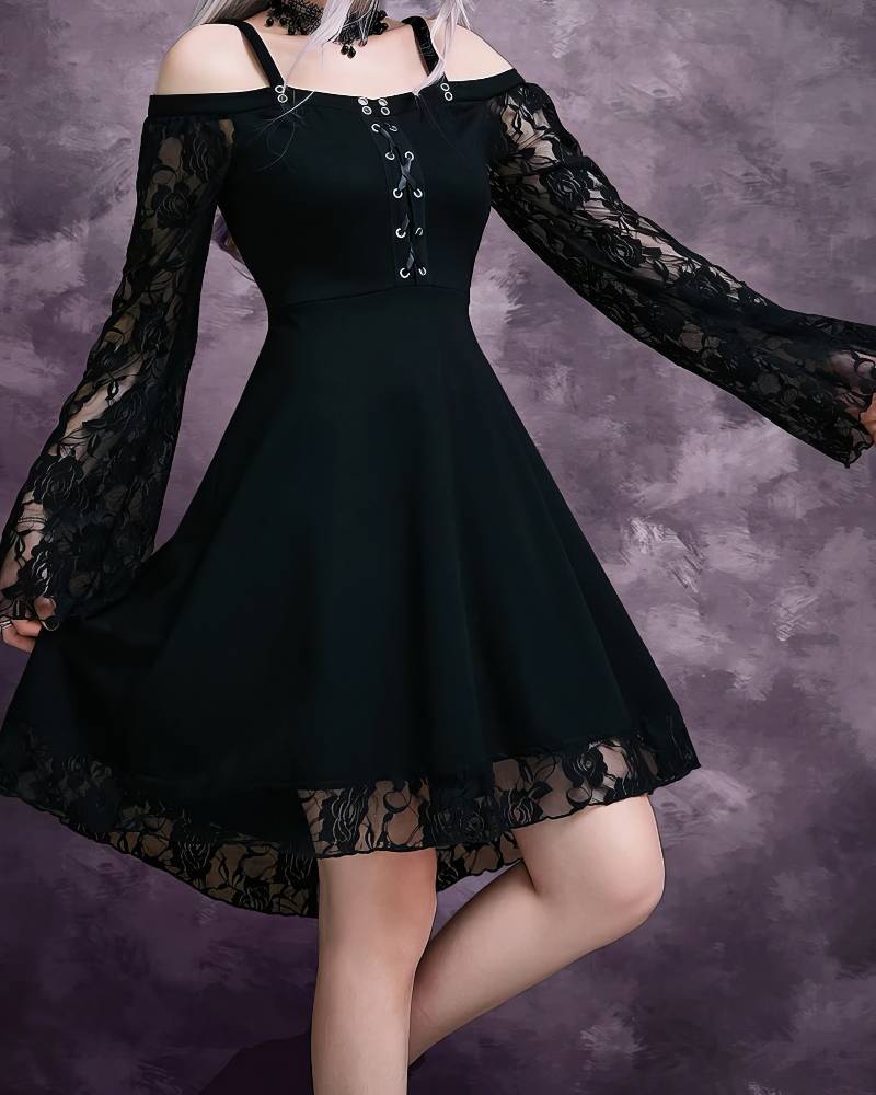 Robe gothique à lacets noire avec manches longues en dentelle et ourlet en dentelle, modèle AbyssWatcher