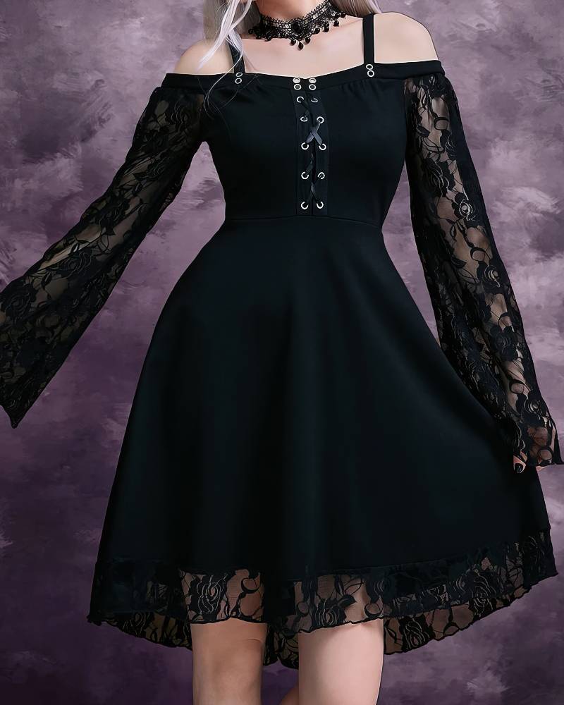 Robe gothique à lacets AbyssWatcher noire avec manches longues en dentelle transparente et épaules dénudées