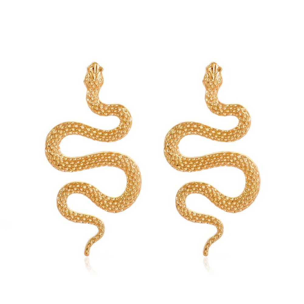 Paire de boucles d'oreille gothique serpent en S dorées avec texture écaille, modèle Ophidianeclipse, vue face