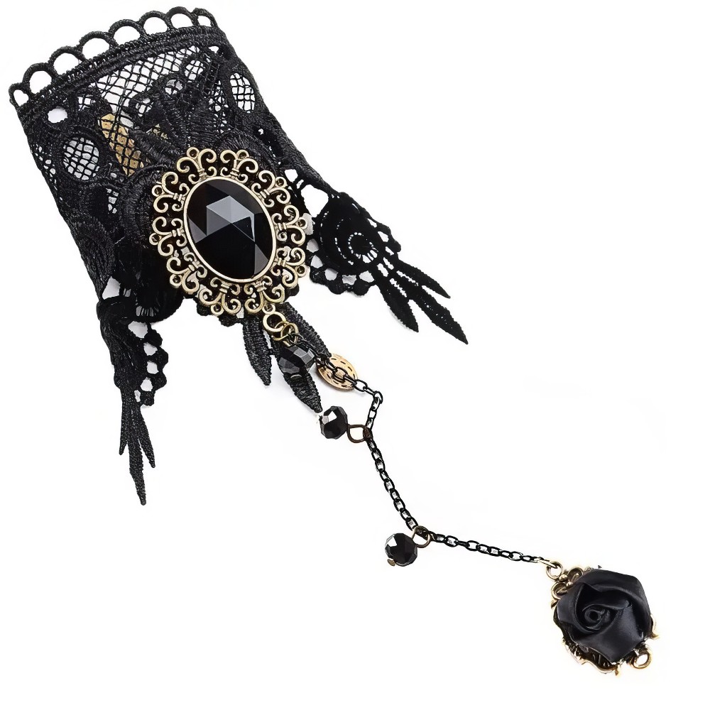 Bracelet bague gothique noire en dentelle avec cabochon noir facetté et pendentif fleur noire