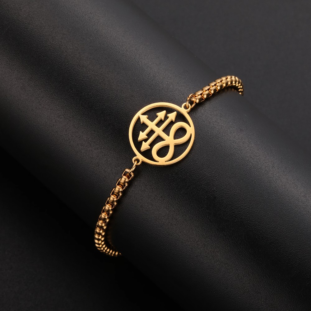 Bracelet gothique en acier inoxydable doré avec croix de Léviathan circulaire et chaîne fine