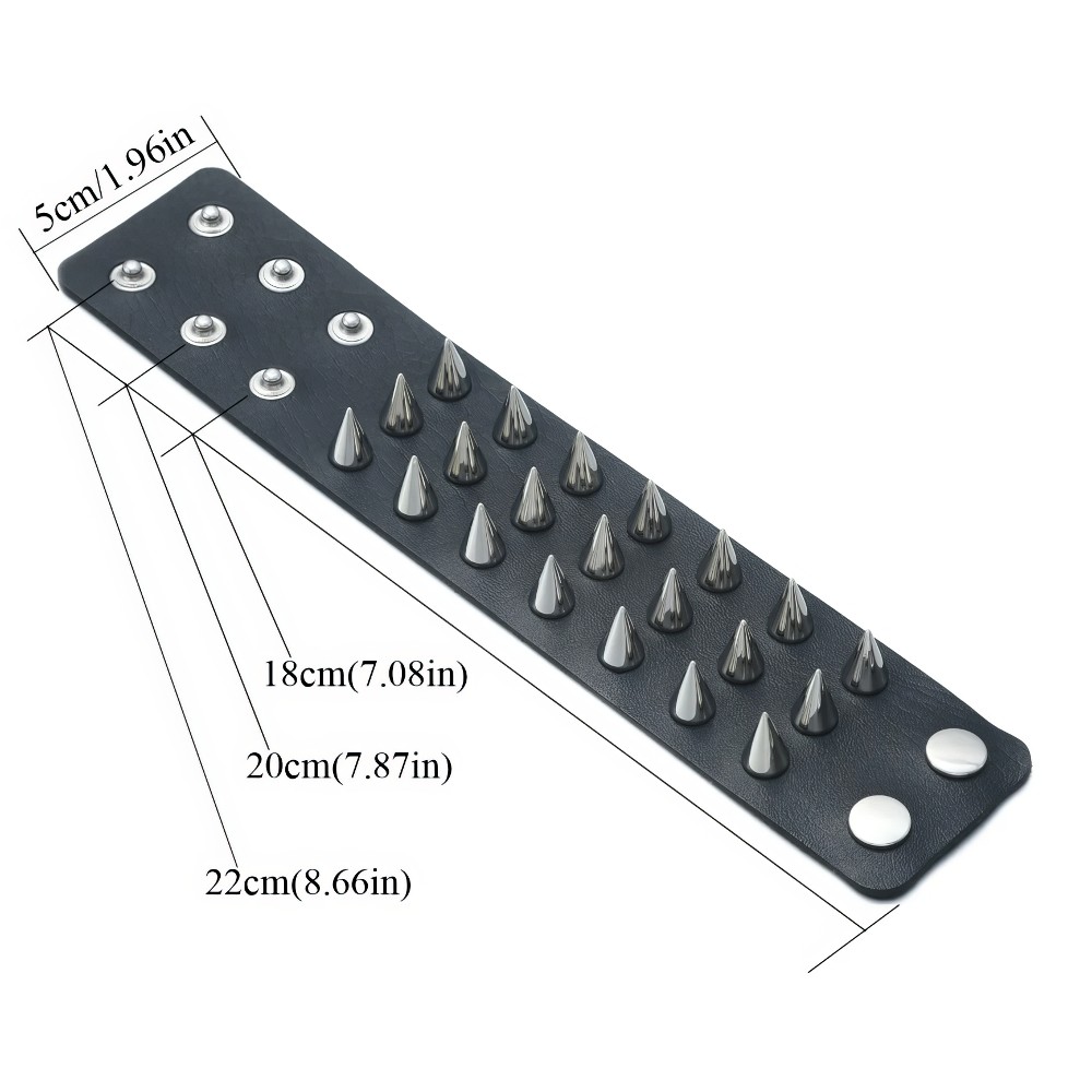 Bracelet gothique à piques longues en cuir noir avec rivets métalliques et fermeture à boutons-pression, vue de dessus avec dimensions