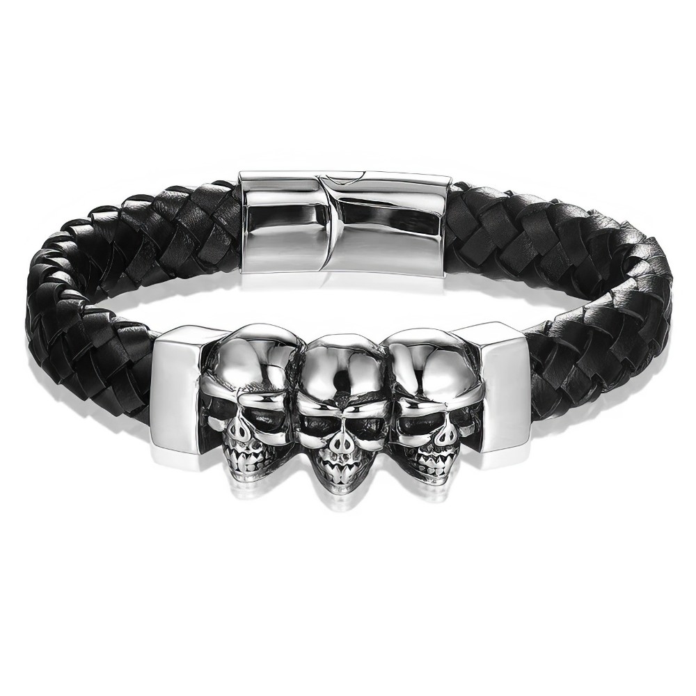 Bracelet gothique triple tête de mort en acier inoxydable avec bracelet en cuir tressé noir
