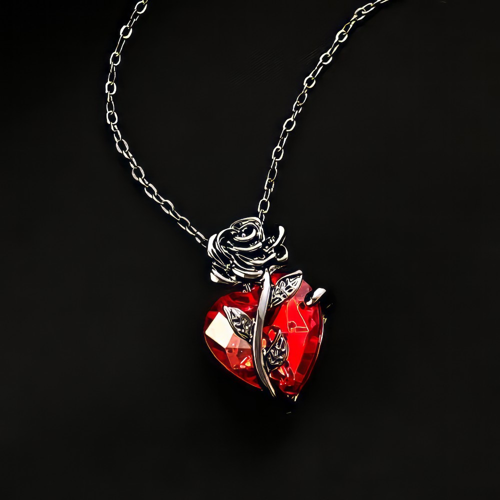 Collier gothique Cryptia avec pendentif cœur rouge facetté orné d'une rose en métal argenté