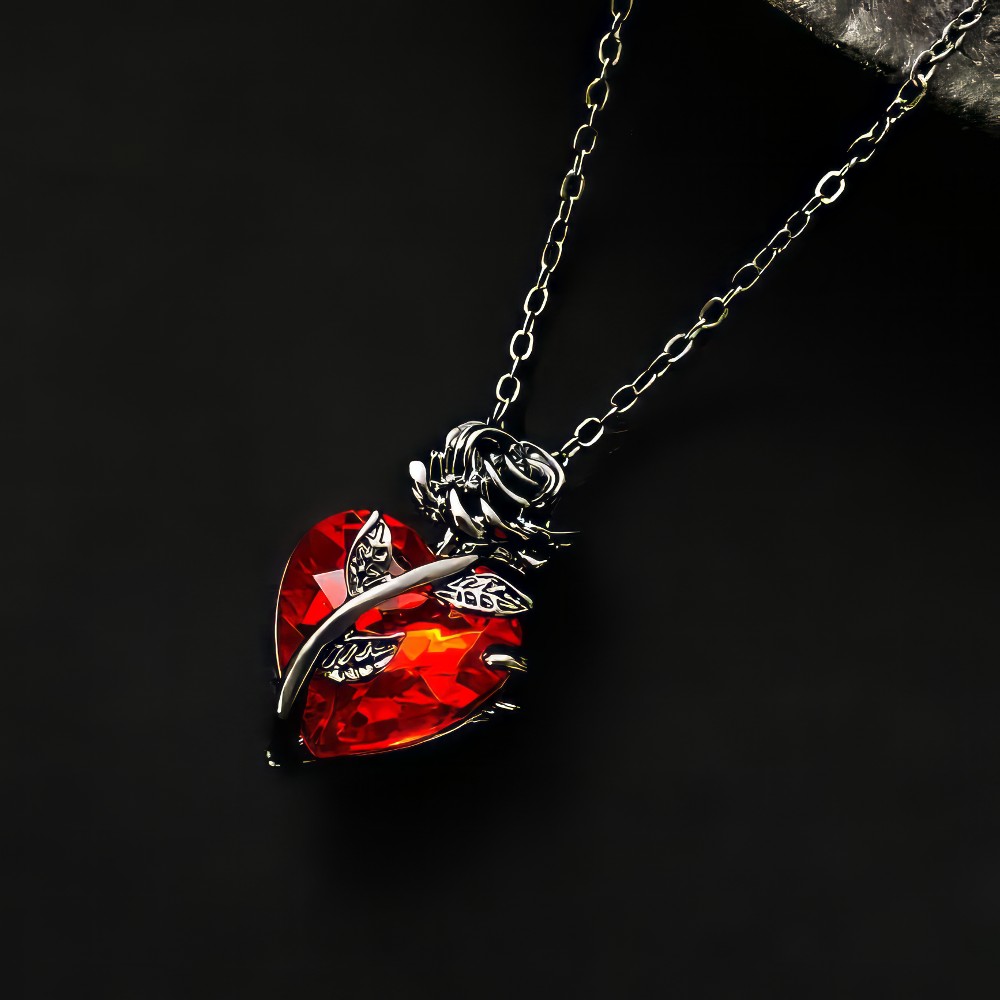 Collier gothique cœur rouge en métal argenté avec chaîne fine, détail d'enroulement métallique autour du cœur facetté