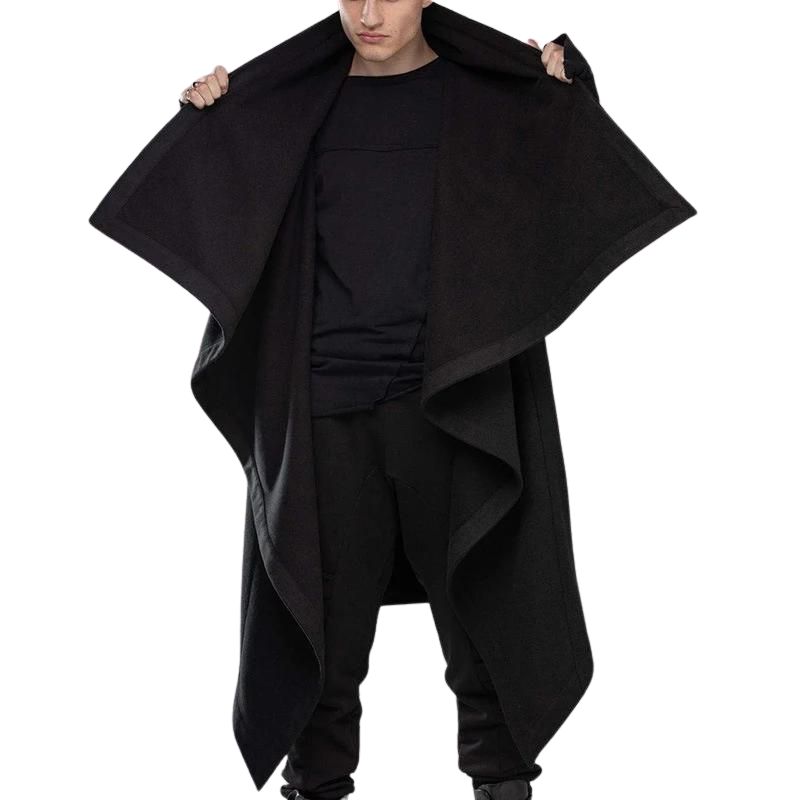 Manteau cape gothique homme Masterock en tissu noir avec grande capuche ample et coupe asymétrique