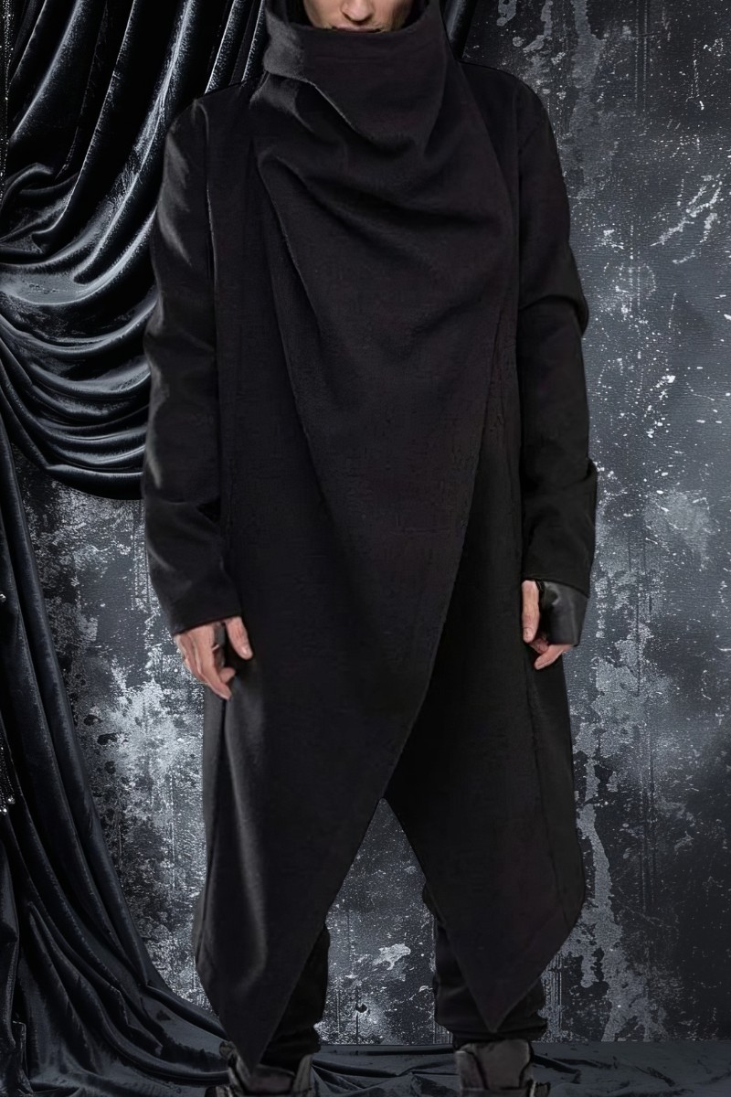 Manteau cape gothique homme Masterock en tissu noir avec col montant et coupe asymétrique