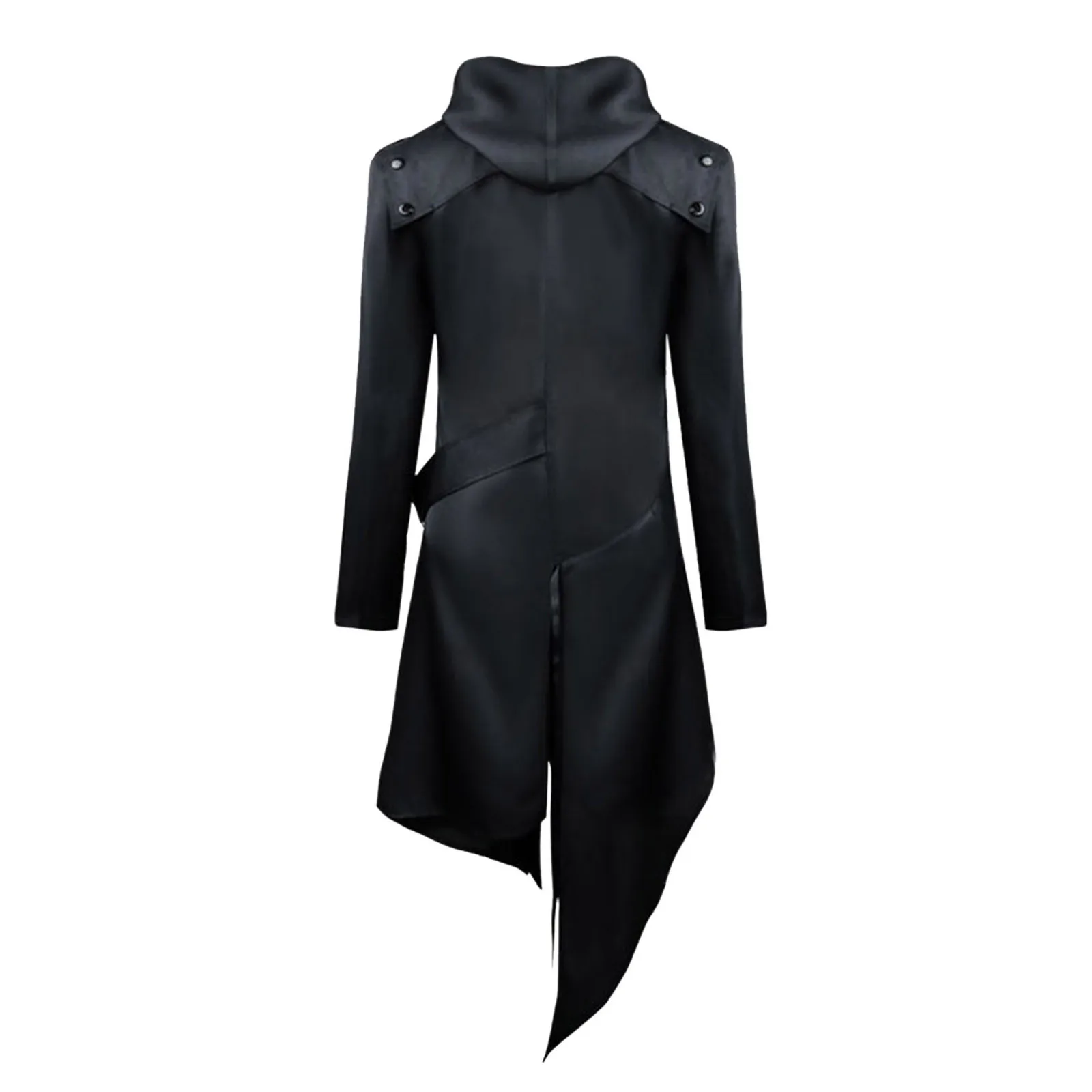 Manteau gothique long homme Nightshade noir vue dos avec col montant et bas asymétrique