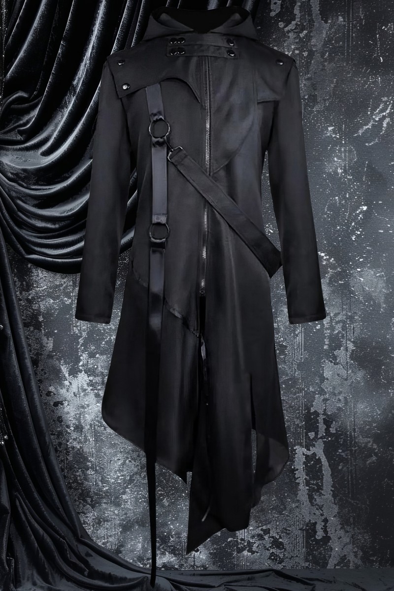 Manteau gothique long homme noir en tissu mat avec coupe asymétrique et bretelles réglables modèle Nightshade