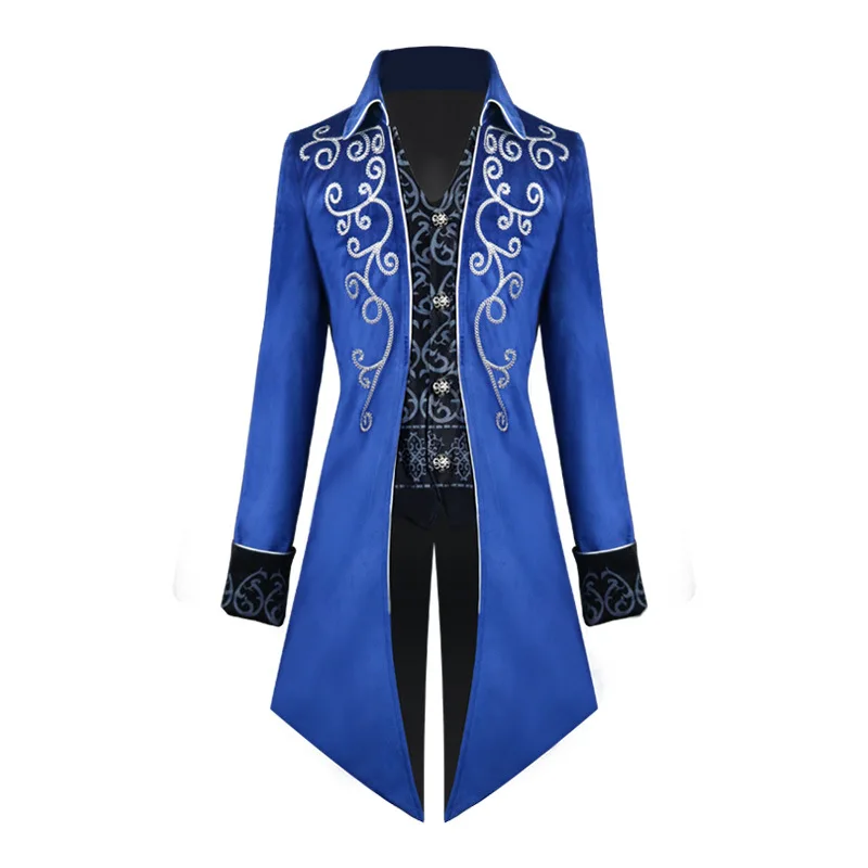 Manteau gothique Renaissance bleu avec broderies blanches en motif baroque sur le col et les manches, modèle Sorrowstreamia